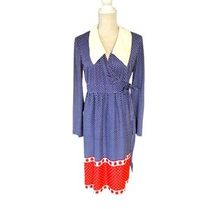 Vintage Wrap Dress Dots Red White‎ Blue By Domino Long Sleeve